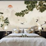 Tranh chim hạc và cây tùng mặt trời dán phòng ngủ weili_16712201