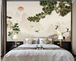 Tranh chim hạc và cây tùng mặt trời dán phòng ngủ weili_16712201