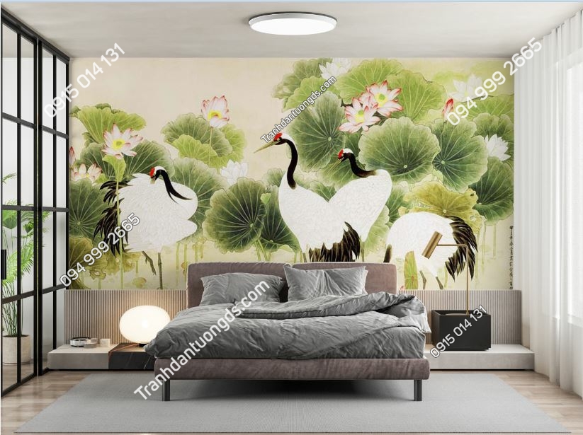 Tranh chim hạc và hoa sen dán phòng ngủ PT264
