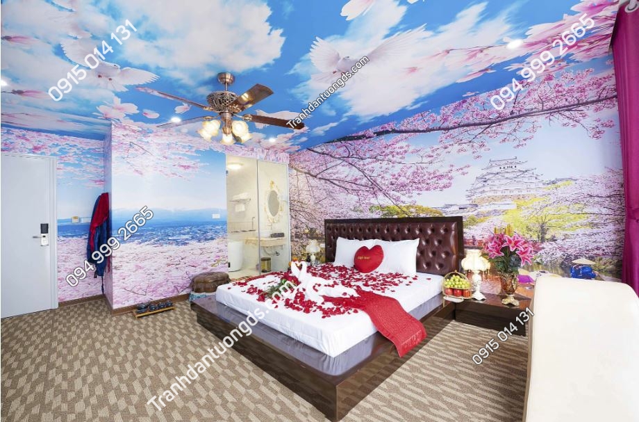 Tranh dán tường hoa anh đào Nhật phòng ngủ