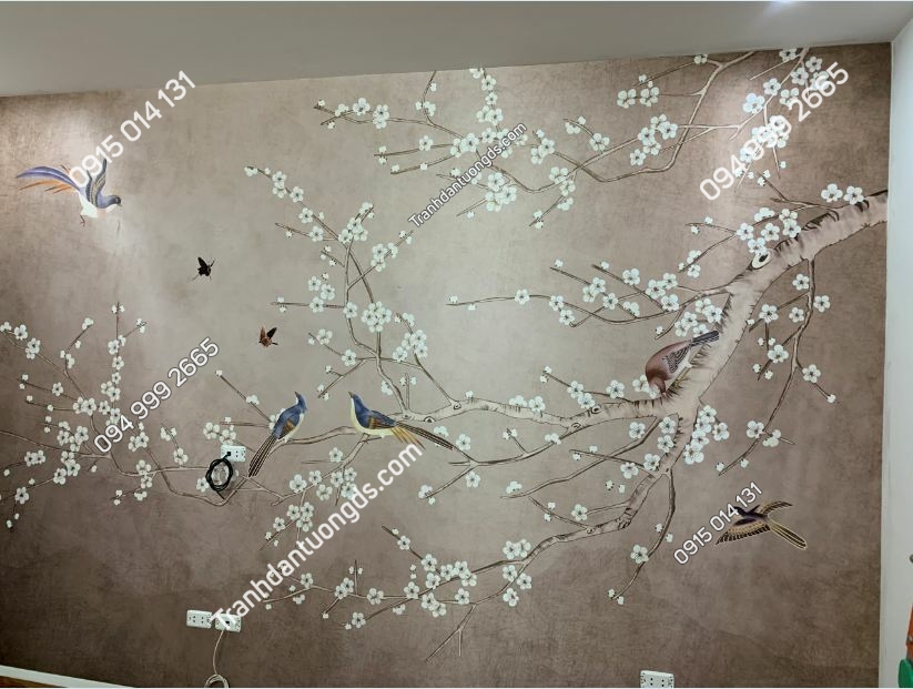 Tranh dán tường 3D hoa và chim phòng khách