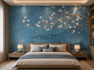 Tranh dán tường chim và hoa indochine nền xanh phòng ngủ
