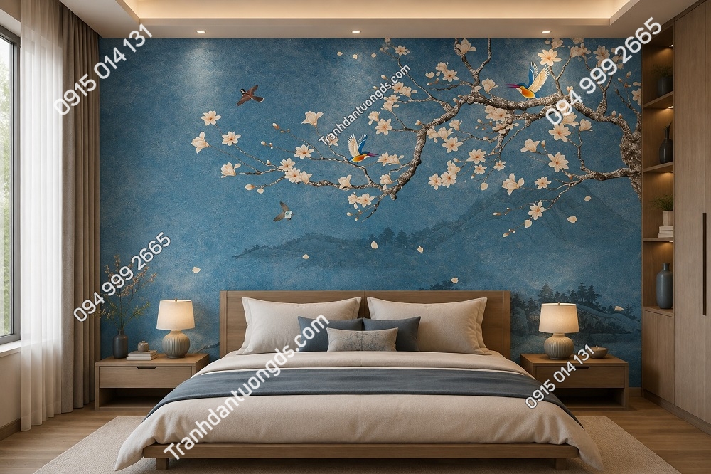 Tranh dán tường chim và hoa indochine nền xanh phòng ngủ