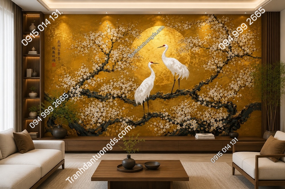Tranh dán tường hạc trắng hoa mai trên nền vàng sang trọng phòng khách IN19820269