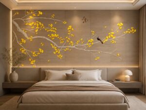 Tranh dán tường indochine cành vàng phòng ngủ hiện đại