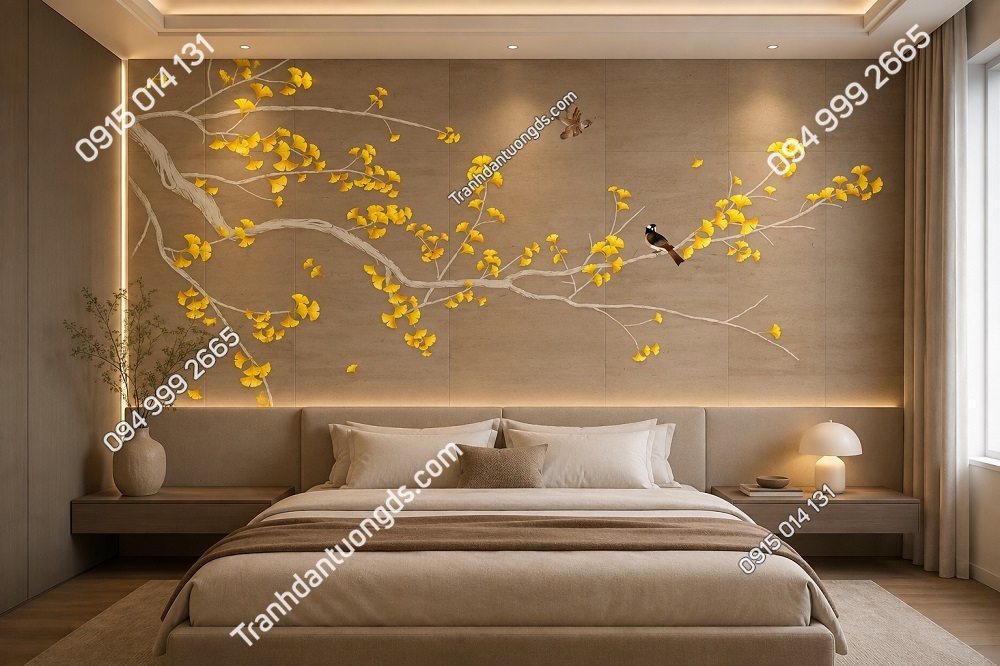 Tranh dán tường indochine cành vàng phòng ngủ hiện đại