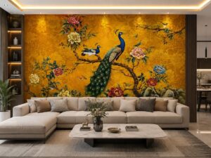 Tranh dán tường indochine chim công nền vàng phòng khách IN19820261