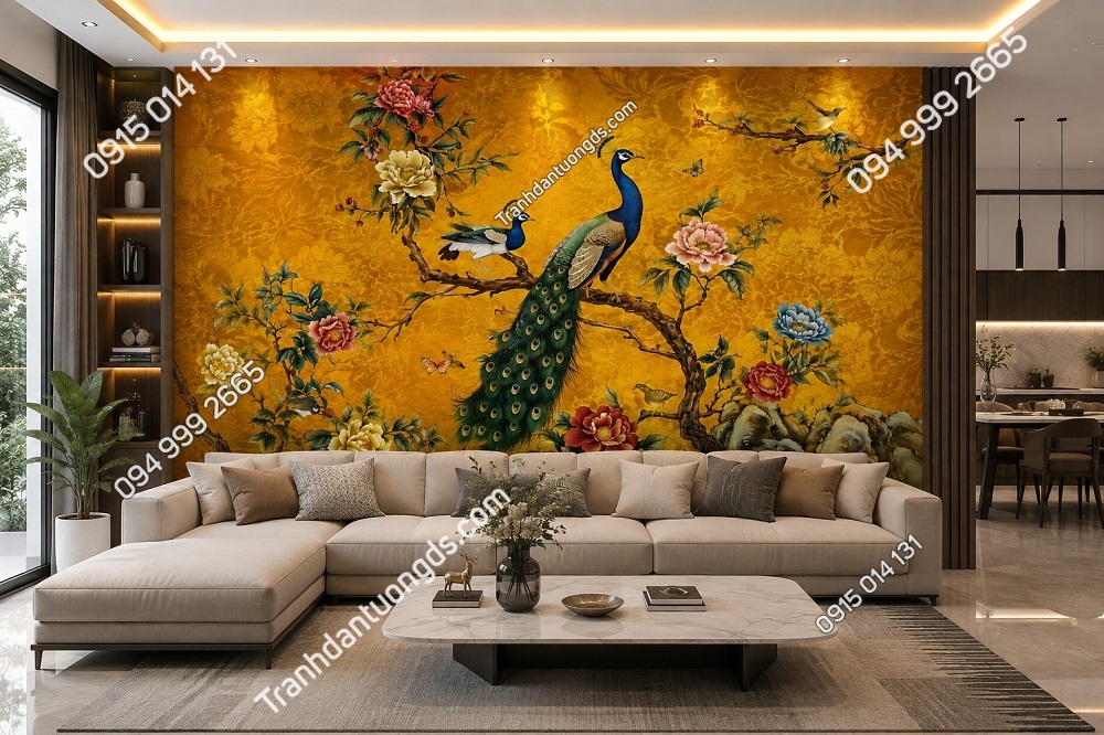 Tranh dán tường indochine chim công nền vàng phòng khách IN19820261