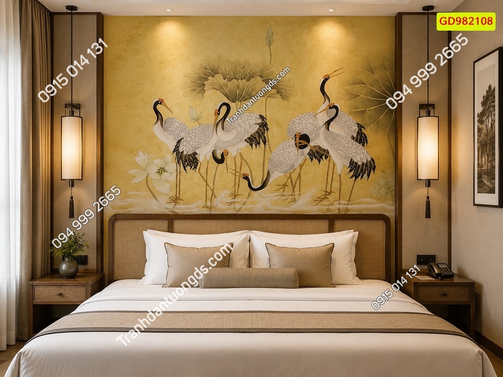 Tranh dán tường indochine chim hạc dán khách sạn