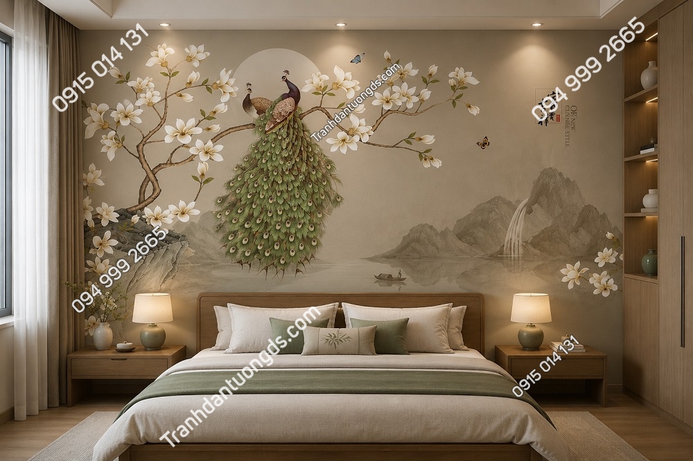 Tranh dán tường indochine đôi chim công uyên ương