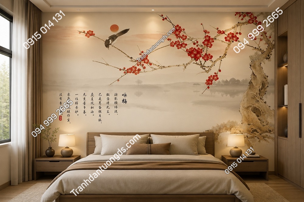 Tranh dán tường indochine hoa đỏ phòng ngủ