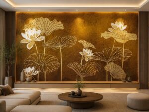 Tranh dán tường indochine hoa sen vàng phòng khách