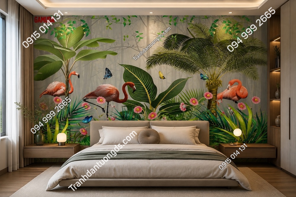 Tranh dán tường indochine hồng hạc hoa lá nhiệt đới