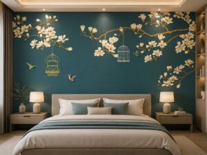 Tranh dán tường indochine nền xanh