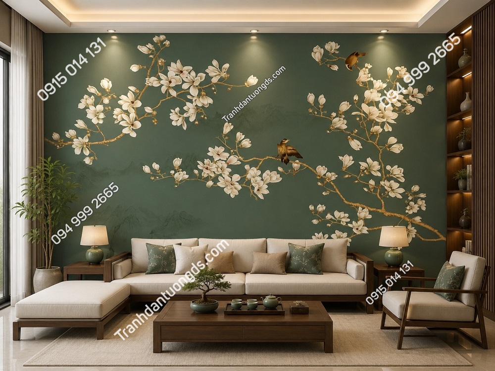Tranh dán tường indochine nền xanh hoa trắng phòng khách