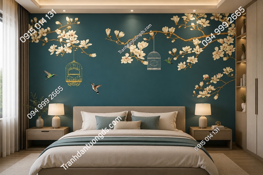 Tranh dán tường indochine nền xanh