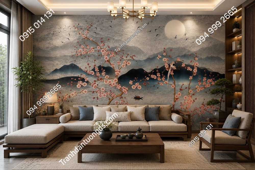 Tranh dán tường indochine phong cảnh thiên nhiên hoa và núi