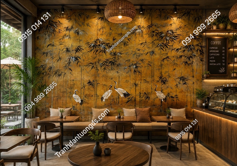 Tranh dán tường indochine quán cafe cổ nền vàng