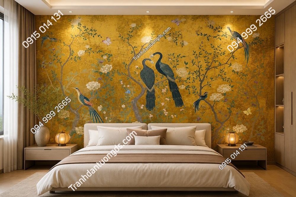 Tranh indochine chim công hoa mẫu đơn nền vàng sang trọng dán tường