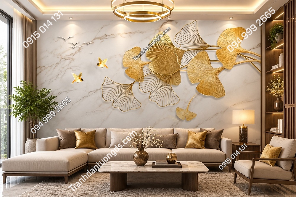 Tranh indochine lá ngân hạnh vàng dán tường phòng khách sang trọng GD982649