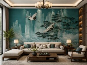 Tranh indochine màu xanh rêu và phong cảnh