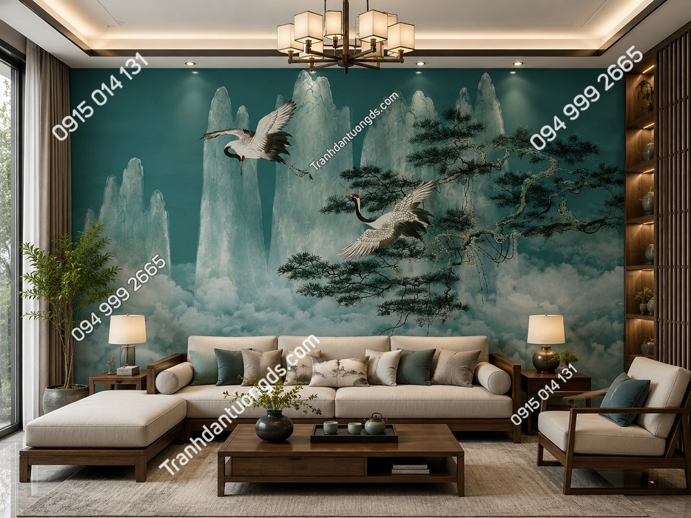 Tranh indochine màu xanh rêu và phong cảnh