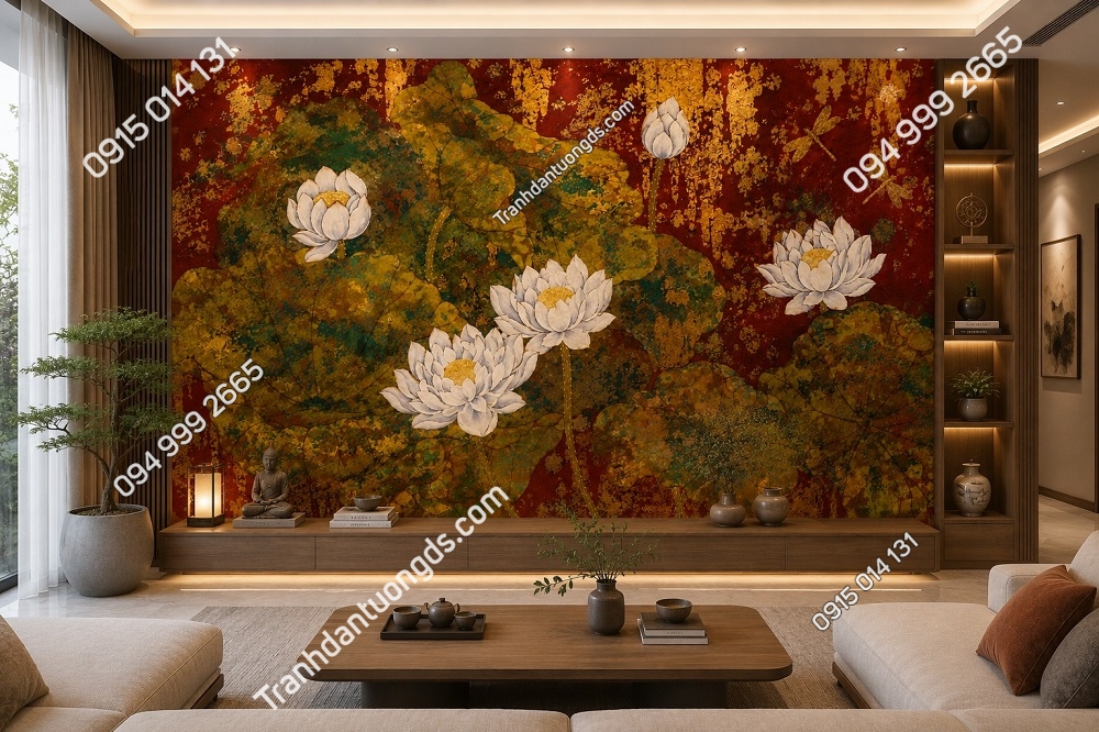 Tranh lụa 3D indochine hoa sen dán phòng khách IN19820264