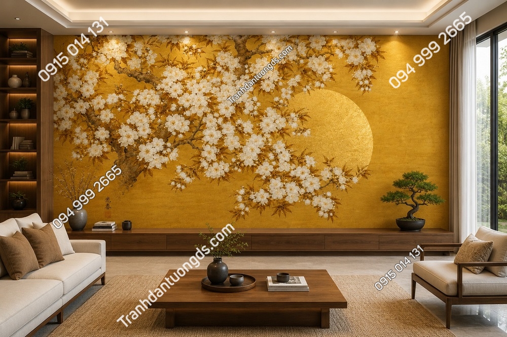 Tranh lụa 3D indochine hoa và trăng nền vàng phòng khách IN19820268