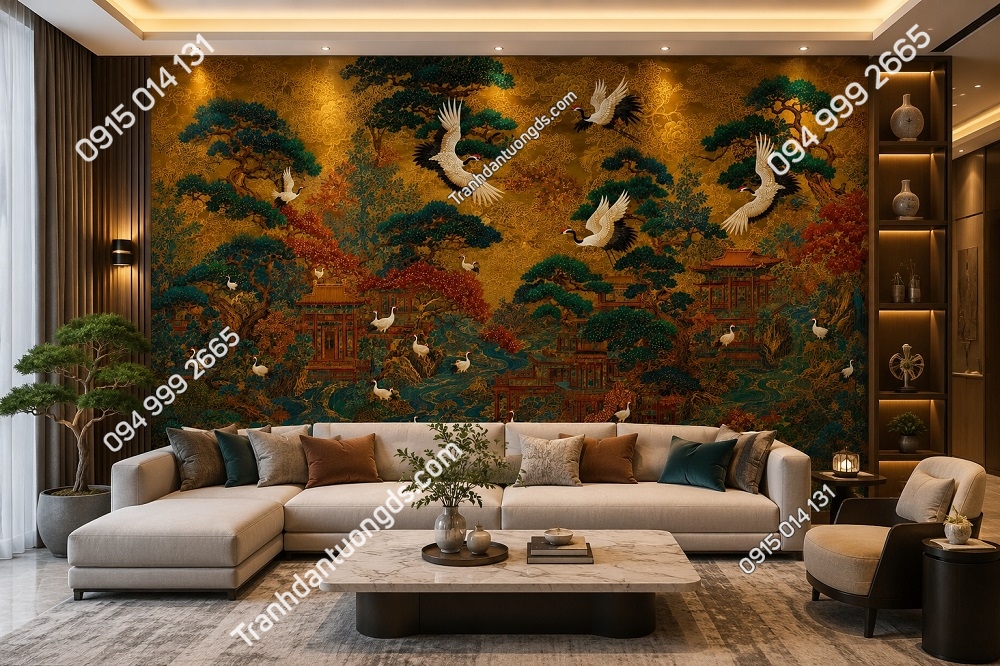 Tranh lụa dán tường indochine tùng hạc phòng khách IN19820263