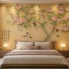 Tranh lụa indochine hoa mẫu đơn và chim dán tường phòng ngủ đẹp