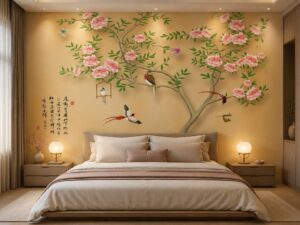 Tranh lụa indochine hoa mẫu đơn và chim dán tường phòng ngủ đẹp