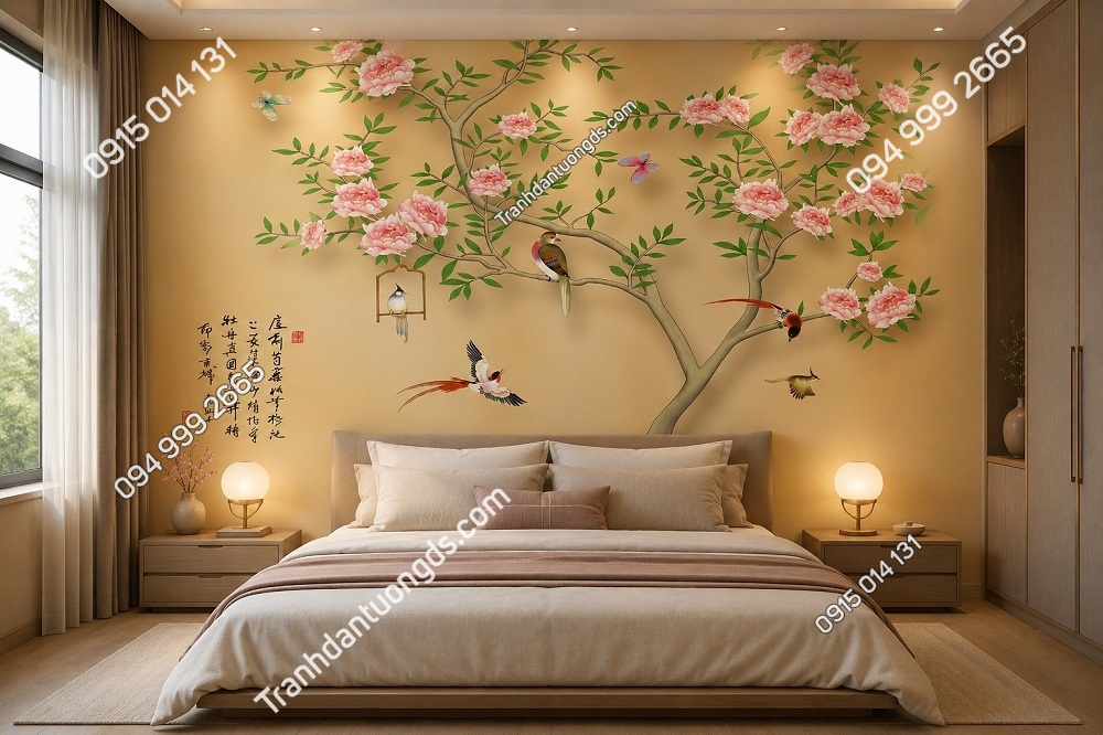 Tranh lụa indochine hoa mẫu đơn và chim dán tường phòng ngủ đẹp