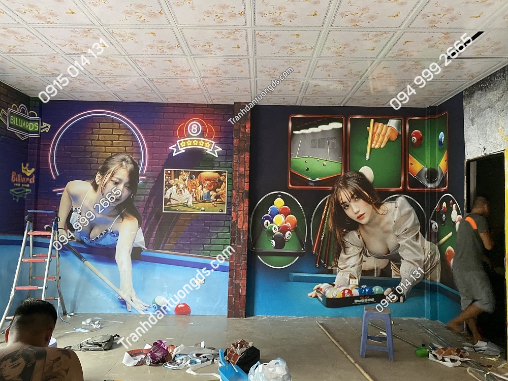 Tranh dán tường 3D cô gái sexy quán bi-a