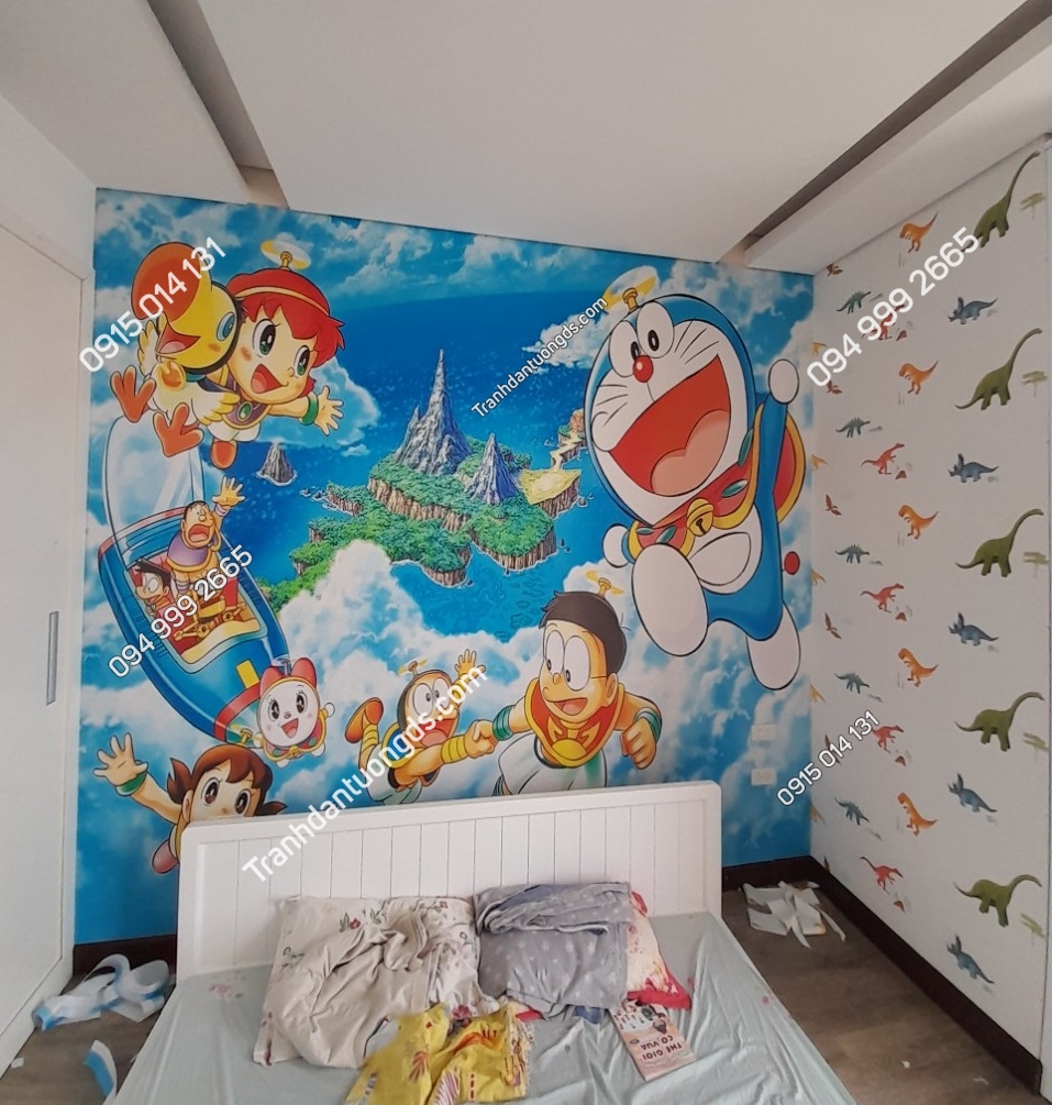Tranh dán tường Doraemon và giấy khủng long phòng bé