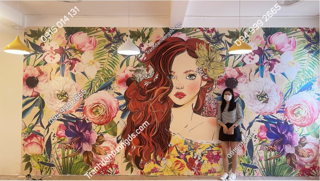 Tranh dán tường cô gái 3D trang trí quán ăn sinh viên