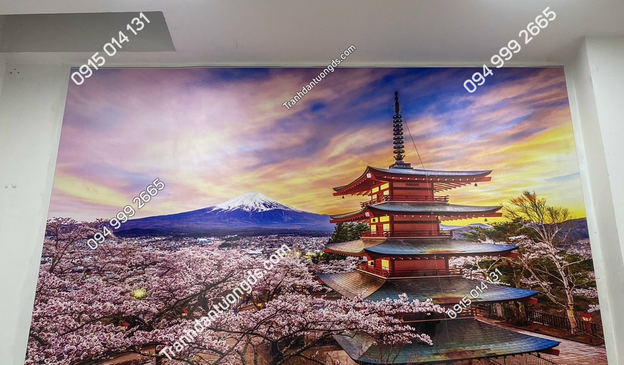 Tranh dán tường núi Phú Sĩ và đền Nhật Bản