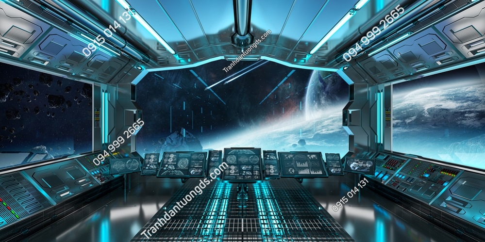 Tranh dán tường 3D phòng bay cảnh khoang tàu vũ trụ 628342618