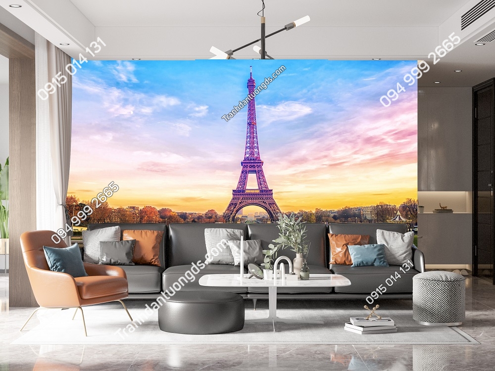Tranh dán tường 5D phong cảnh Châu Âu cảnh Tháp Eiffel lúc hoàng hôn ở Paris Pháp 556743960