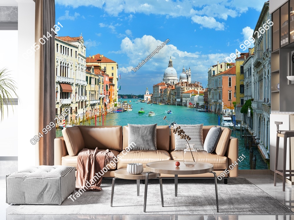 Tranh dán tường 5D phong cảnh Châu Âu làng kênh đào Venice ở Ý 423928929