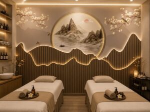 Tranh dán tường lam sóng indochine cho tiệm spa dưỡng sinh BP10633
