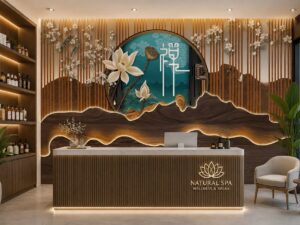 Tranh dán tường lam sóng vân gỗ quầy lễ tân tiệm spa BP49201