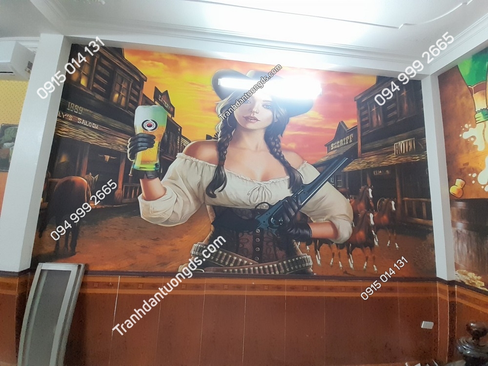 Tranh dán tường 3D quán bia cô gái tại hồ Linh Đàm - Hà Nội đẹp