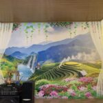 Tranh dán tường 5D giả rèm phong cảnh phòng khách