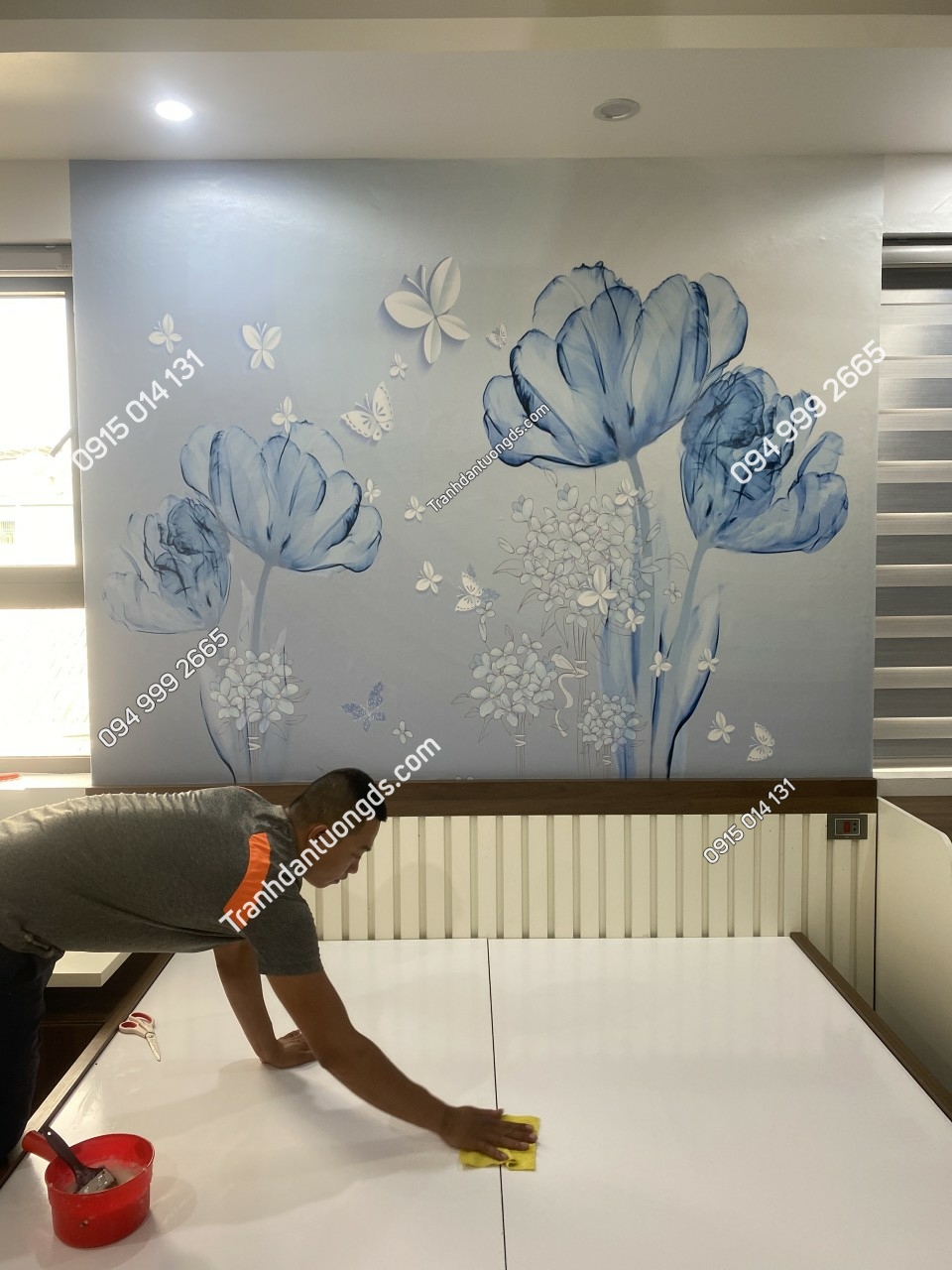 Tranh dán tường hoa 5D màu xanh phòng ngủ