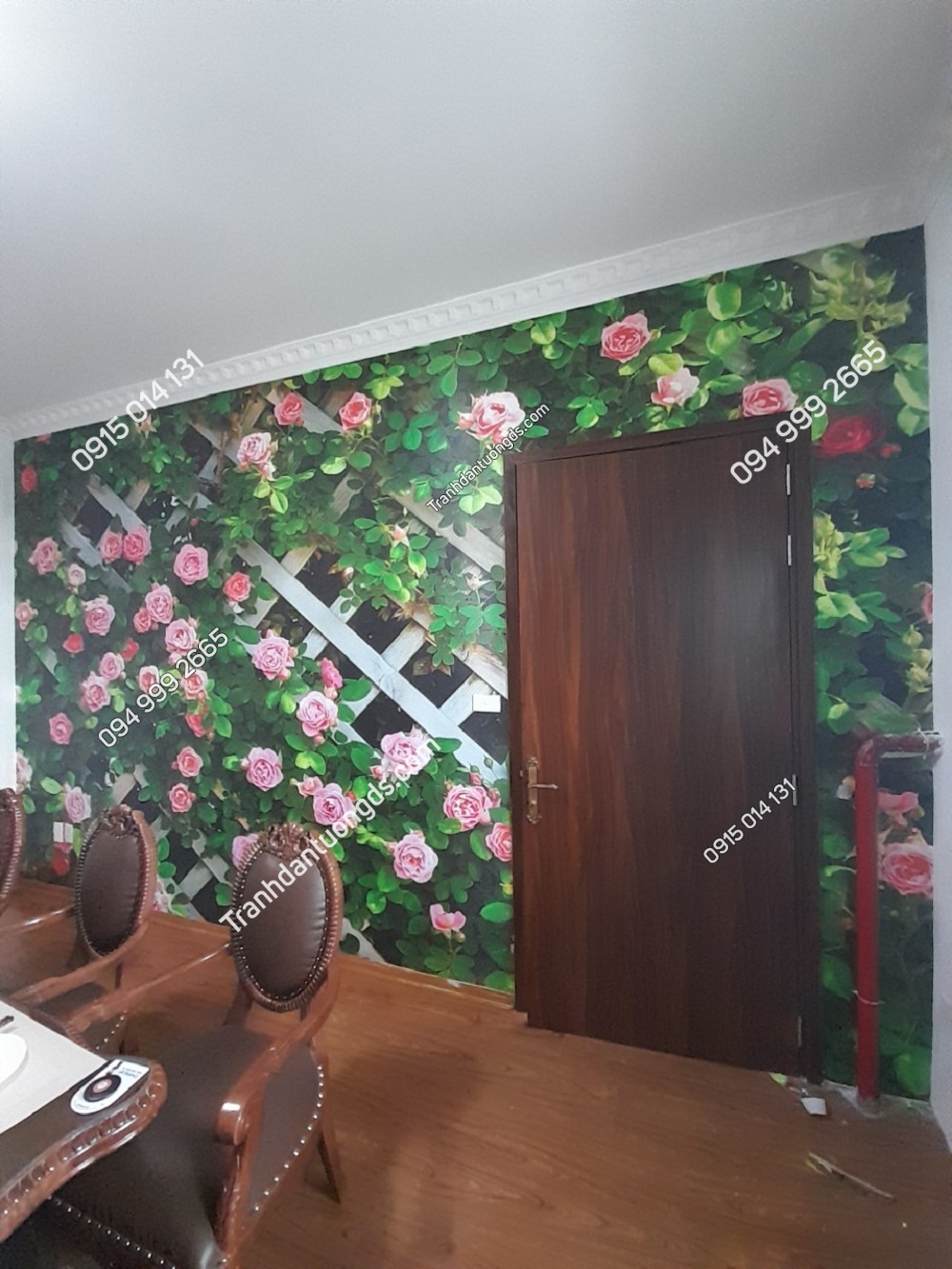 Tranh tường hoa hồng 3D dán trang trí phòng ăn nhà hàng