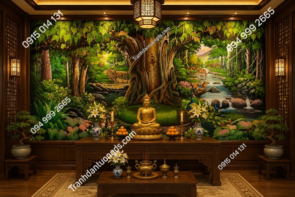 Tranh dán tường 3D cây bồ đề kết hợp thiên nhiên
