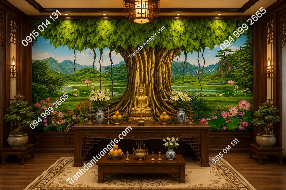 Tranh dán tường cây bồ đề bên hồ nước và hoa sen