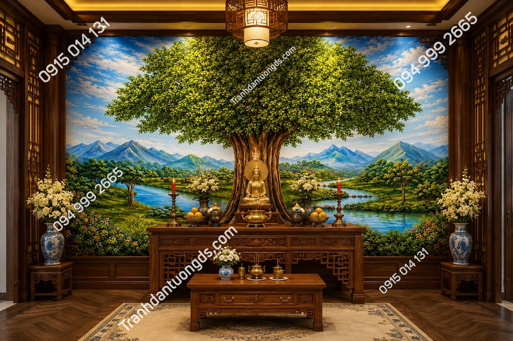 Tranh dán tường cây bồ đề cổ thụ trang trí phòng thờ