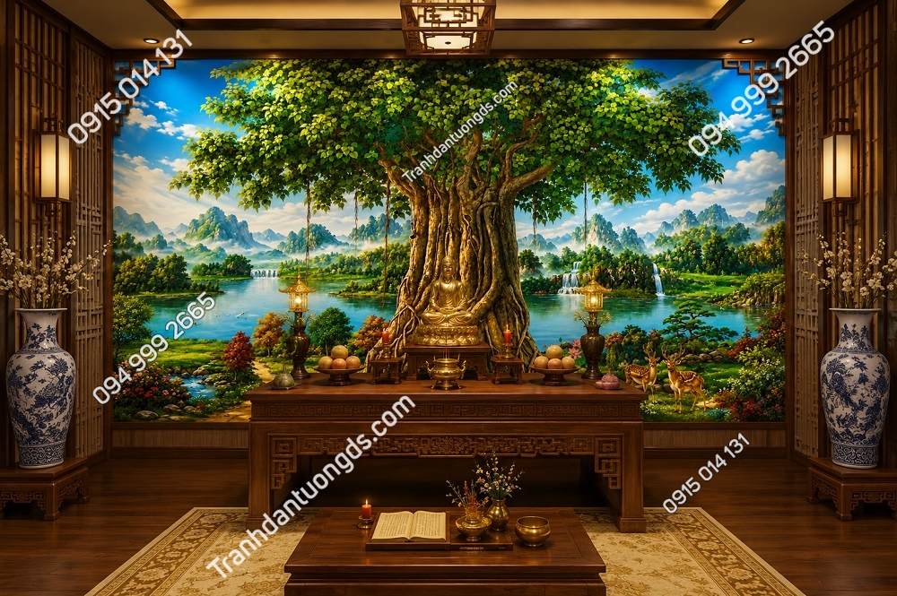 Tranh dán tường cây bồ đề dán sau bàn thờ phật