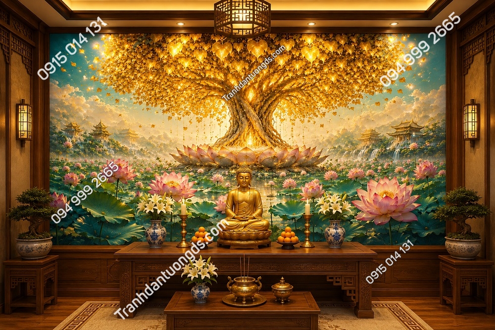 Tranh dán tường cây bồ đề nền ánh sáng vàng